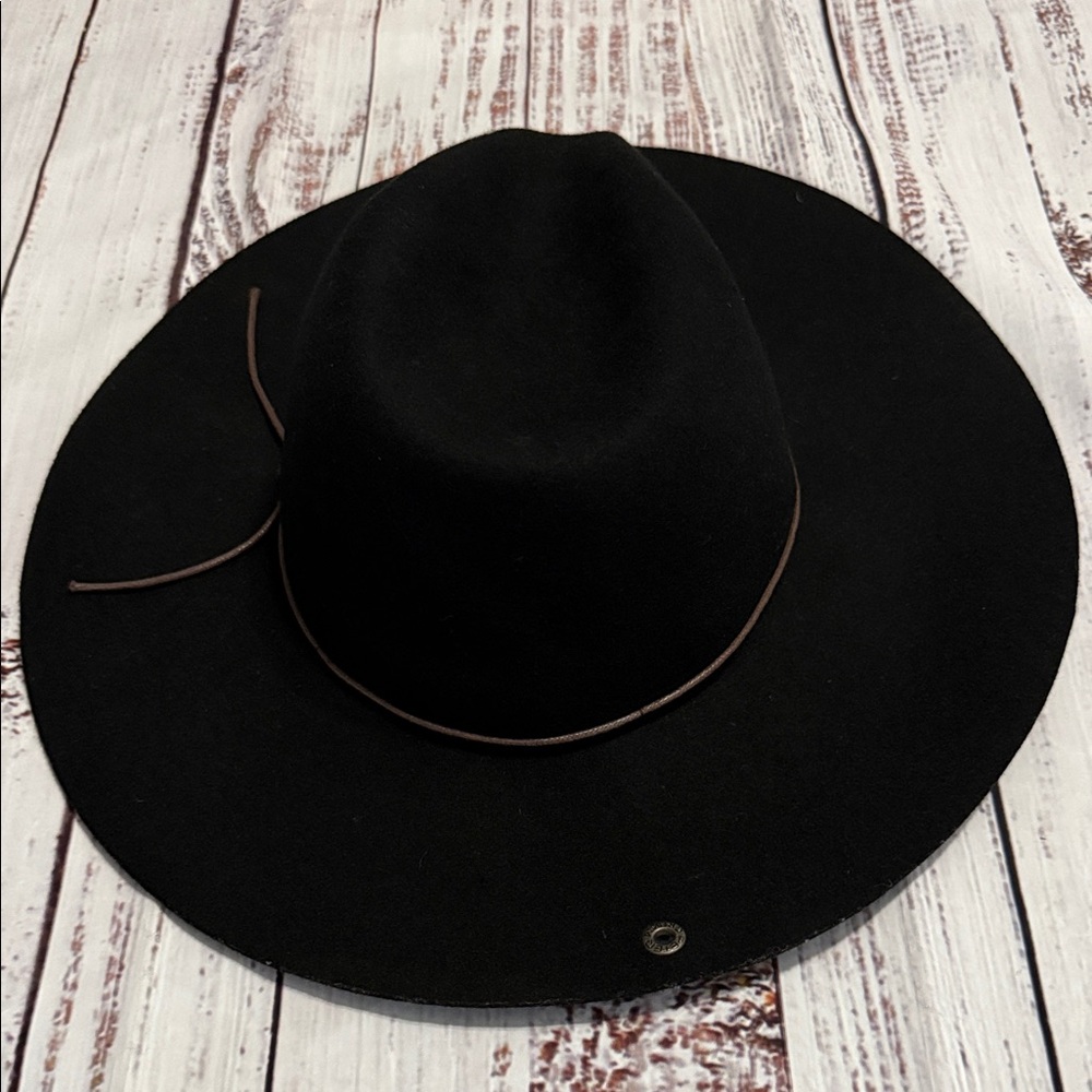 PETER GRIMM Black Wide Brim Wool Fedora Hat with Brown Leather Cord - Picture 4 of 15